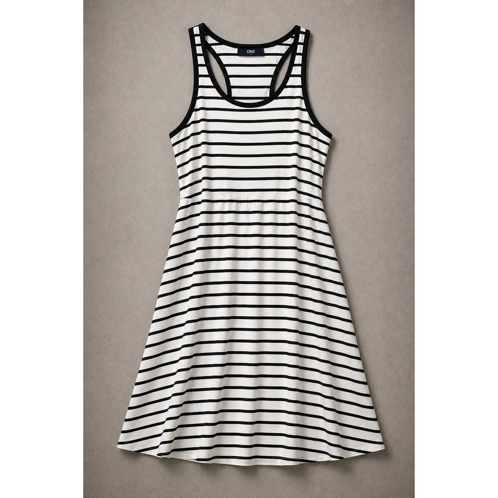 Striped Racerback Dress Womens Small Black White Skater Stretch Casual